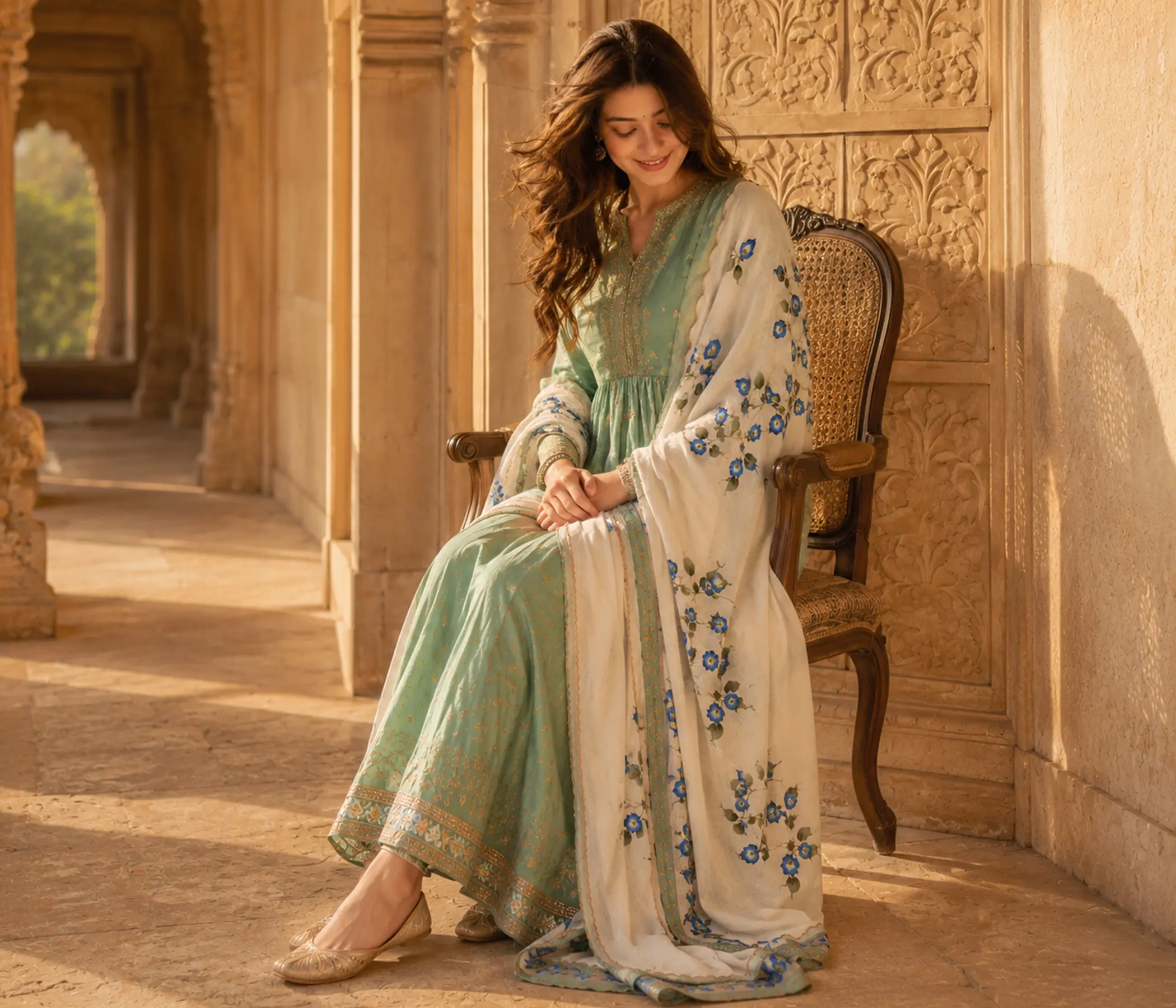 Beige Organza Handpainted Aparajita Dupatta